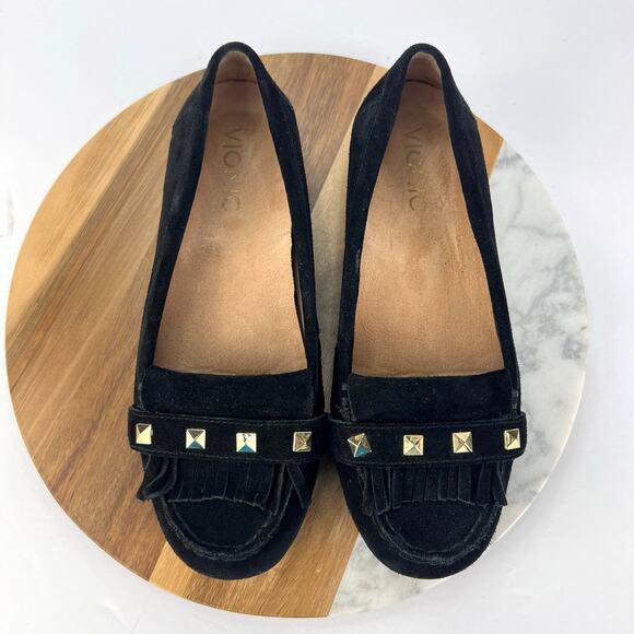 Vionic 5 Thera/VS080 Leather Fringe Studded Detail Women's Black Suede Moccasin - Picture 3 of 9